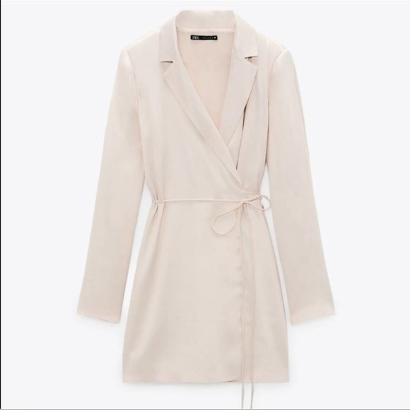 Zara Dresses & Skirts - Zara Cream Beige Satin Effect True Wrap Long Sleeve Blazer Mini Dress Small